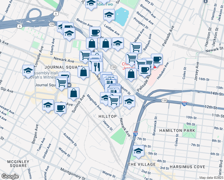 map of restaurants, bars, coffee shops, grocery stores, and more near 84 Court House Place in Jersey City
