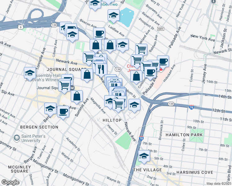 map of restaurants, bars, coffee shops, grocery stores, and more near 84 Court House Place in Jersey City