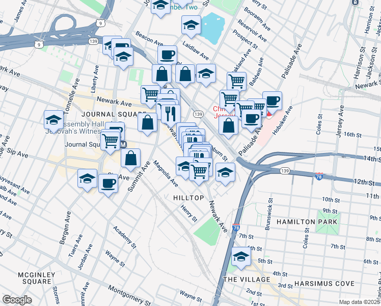 map of restaurants, bars, coffee shops, grocery stores, and more near 84 Court House Place in Jersey City