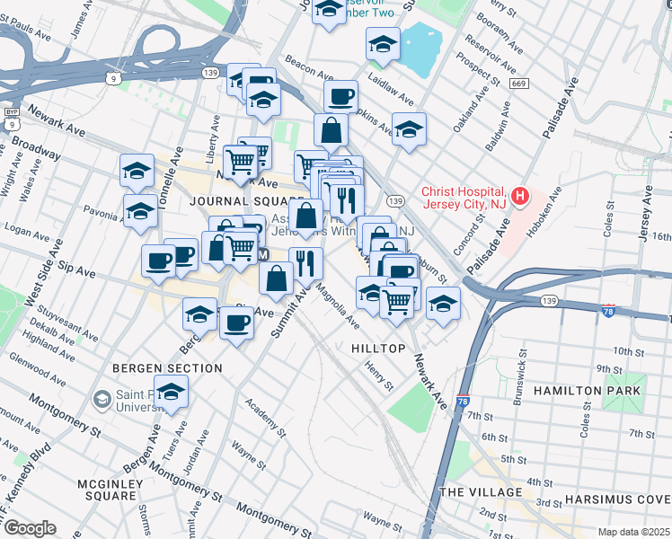 map of restaurants, bars, coffee shops, grocery stores, and more near in Jersey City