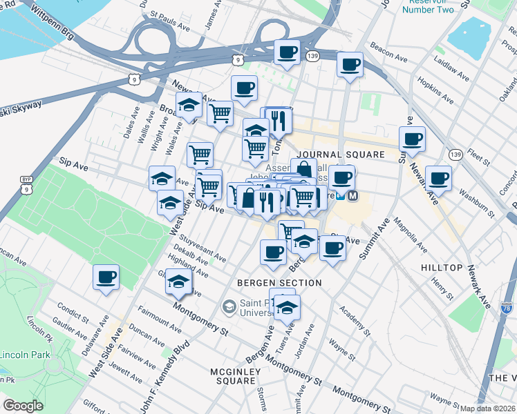 map of restaurants, bars, coffee shops, grocery stores, and more near 111 Garrison Avenue in Jersey City