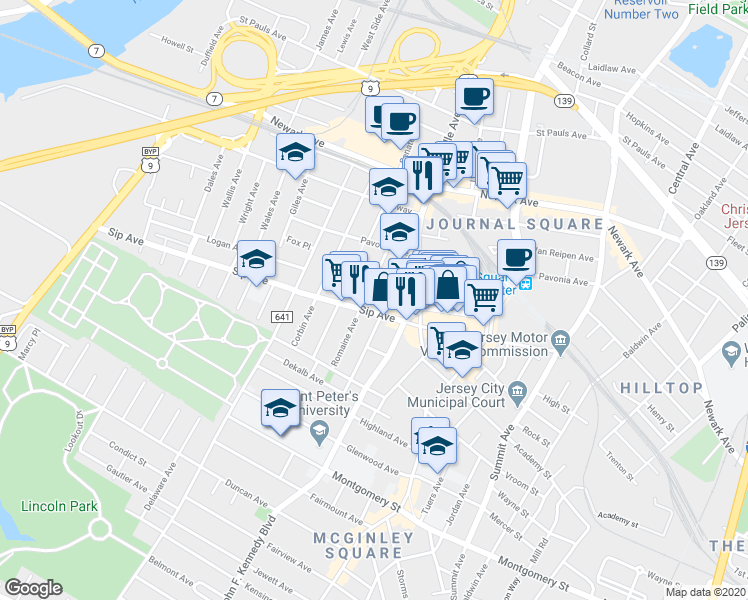 map of restaurants, bars, coffee shops, grocery stores, and more near 111 Garrison Avenue in Jersey City