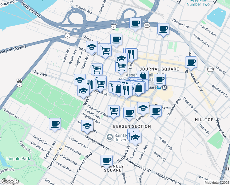 map of restaurants, bars, coffee shops, grocery stores, and more near in Jersey City