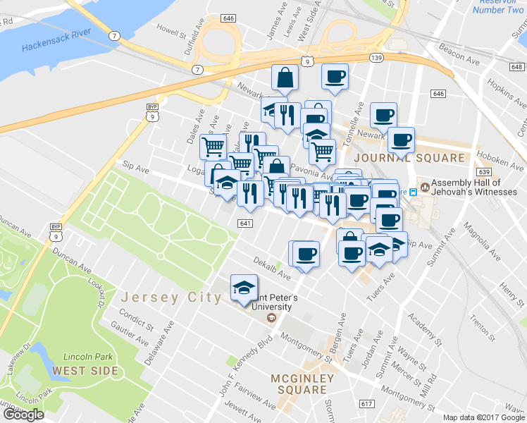 map of restaurants, bars, coffee shops, grocery stores, and more near 241 Sip Avenue in Jersey City