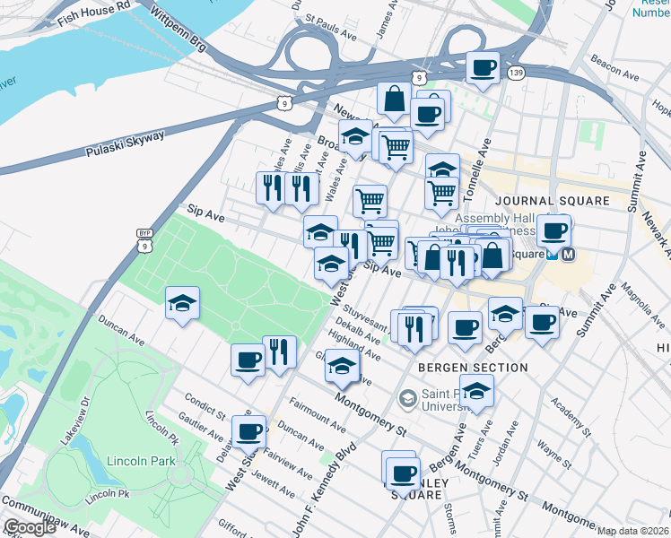 map of restaurants, bars, coffee shops, grocery stores, and more near in Jersey City
