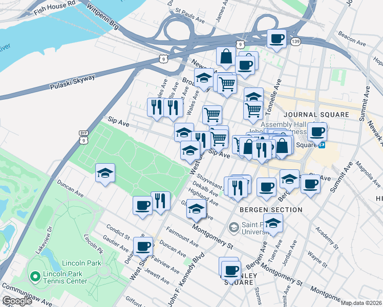 map of restaurants, bars, coffee shops, grocery stores, and more near 271 Sip Avenue in Jersey City