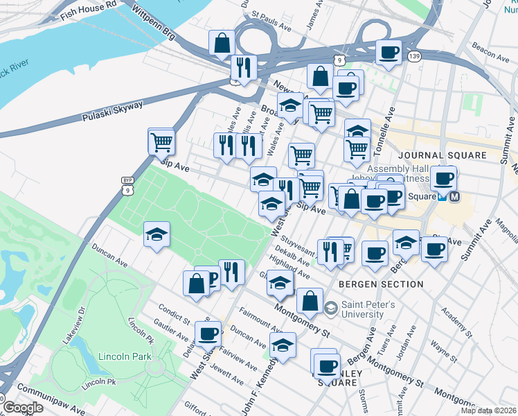 map of restaurants, bars, coffee shops, grocery stores, and more near 305 Sip Avenue in Jersey City