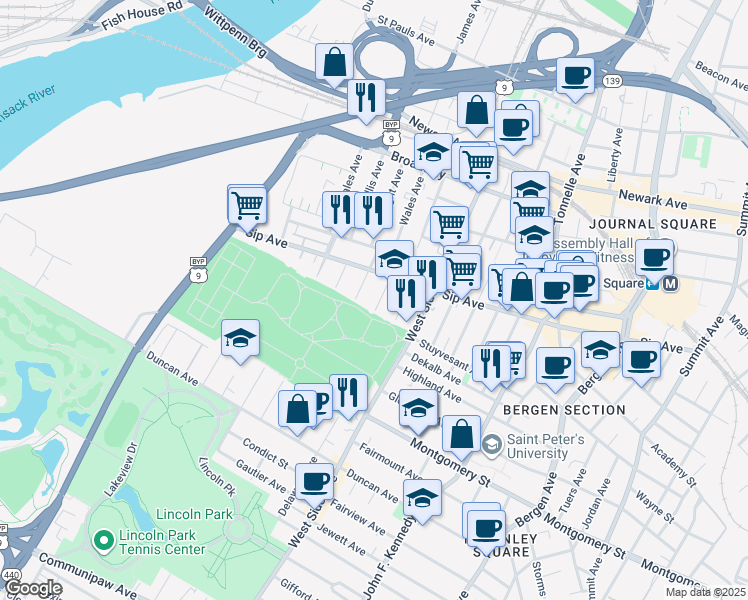 map of restaurants, bars, coffee shops, grocery stores, and more near 305 Sip Avenue in Jersey City