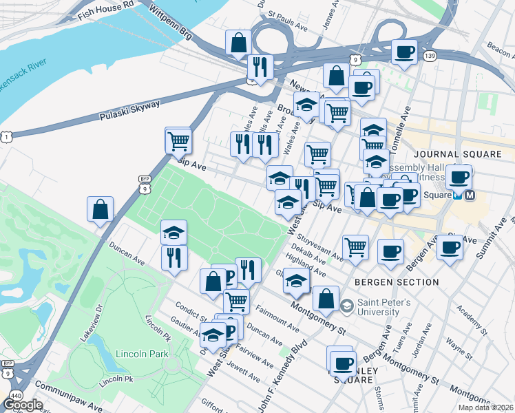 map of restaurants, bars, coffee shops, grocery stores, and more near 11 Bryant Avenue in Jersey City