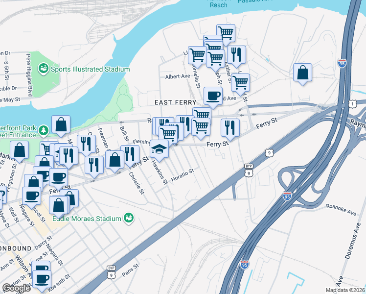 map of restaurants, bars, coffee shops, grocery stores, and more near 556 Ferry Street in Newark