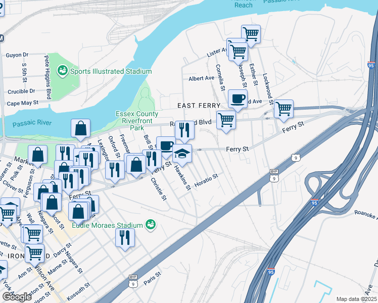 map of restaurants, bars, coffee shops, grocery stores, and more near 176 Fleming Avenue in Newark
