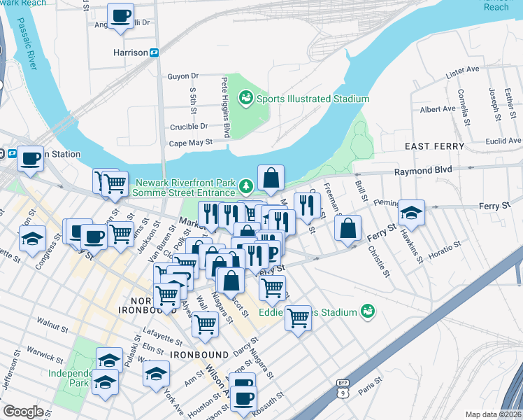 map of restaurants, bars, coffee shops, grocery stores, and more near 680-692 Raymond Boulevard in Newark