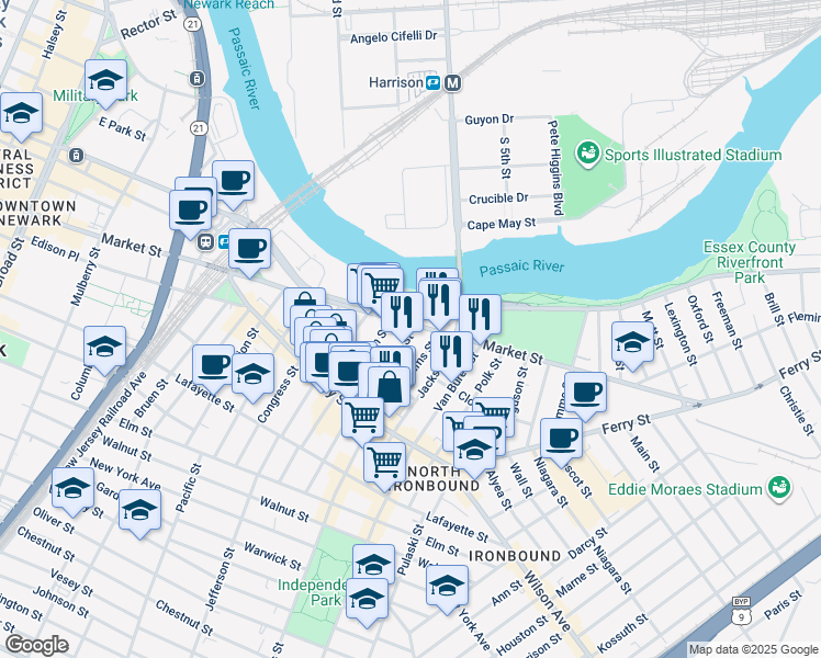 map of restaurants, bars, coffee shops, grocery stores, and more near 854 Raymond Boulevard in Newark