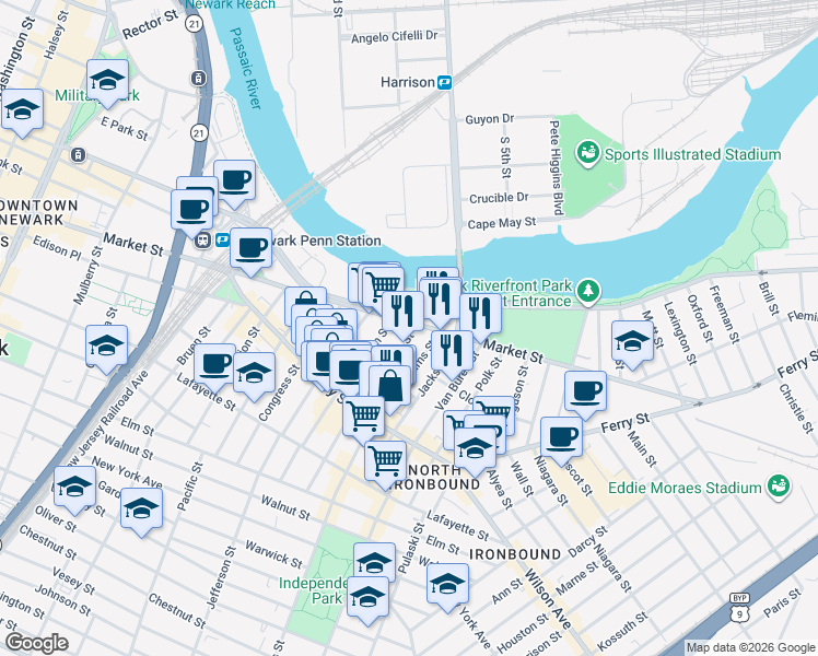 map of restaurants, bars, coffee shops, grocery stores, and more near 854 Raymond Boulevard in Newark