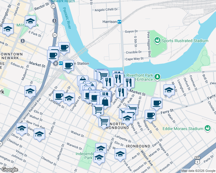 map of restaurants, bars, coffee shops, grocery stores, and more near 854 Raymond Boulevard in Newark