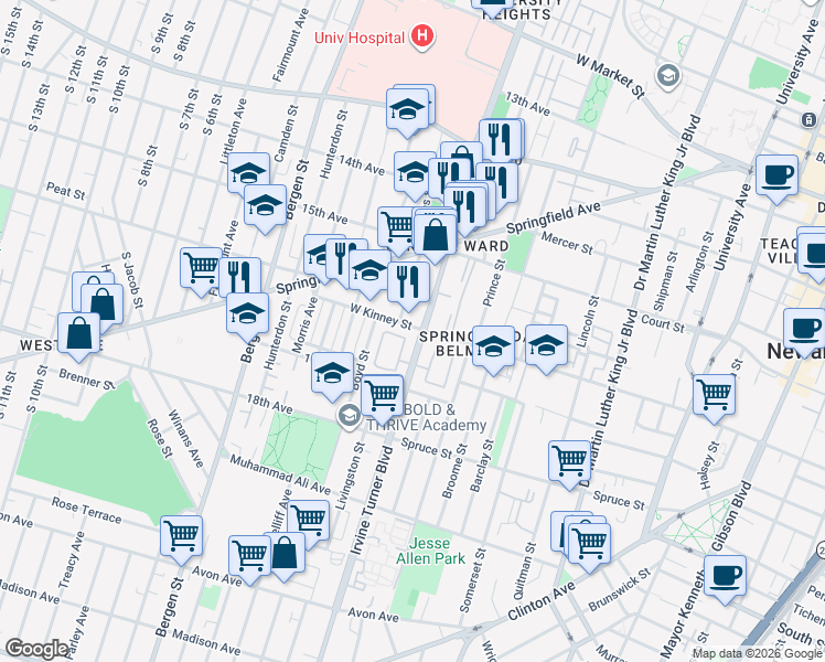 map of restaurants, bars, coffee shops, grocery stores, and more near 56 Livingston Street in Newark