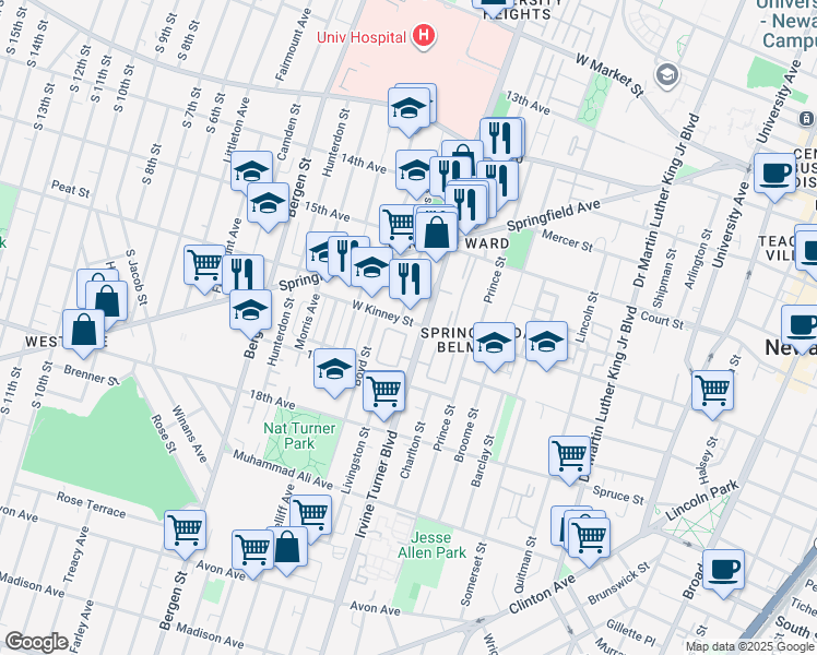map of restaurants, bars, coffee shops, grocery stores, and more near 56 Livingston Street in Newark