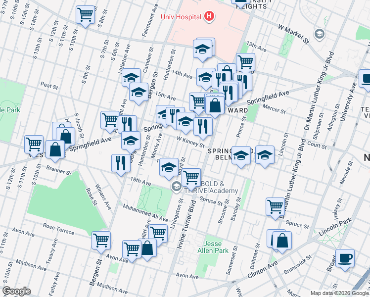 map of restaurants, bars, coffee shops, grocery stores, and more near 49 Boyd Street in Newark