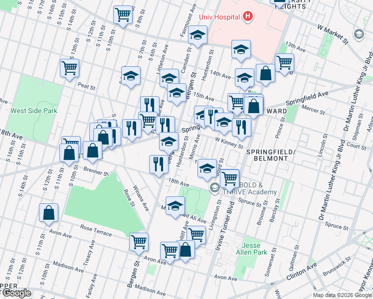 map of restaurants, bars, coffee shops, grocery stores, and more near 338 Hunterdon Street in Newark