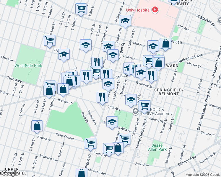 map of restaurants, bars, coffee shops, grocery stores, and more near 361-383 Springfield Avenue in Newark