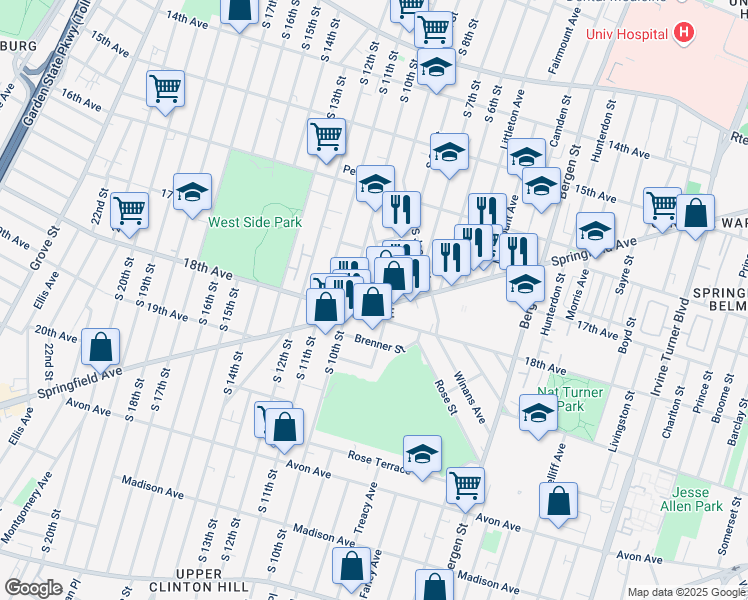 map of restaurants, bars, coffee shops, grocery stores, and more near 13 Blum Street in Newark
