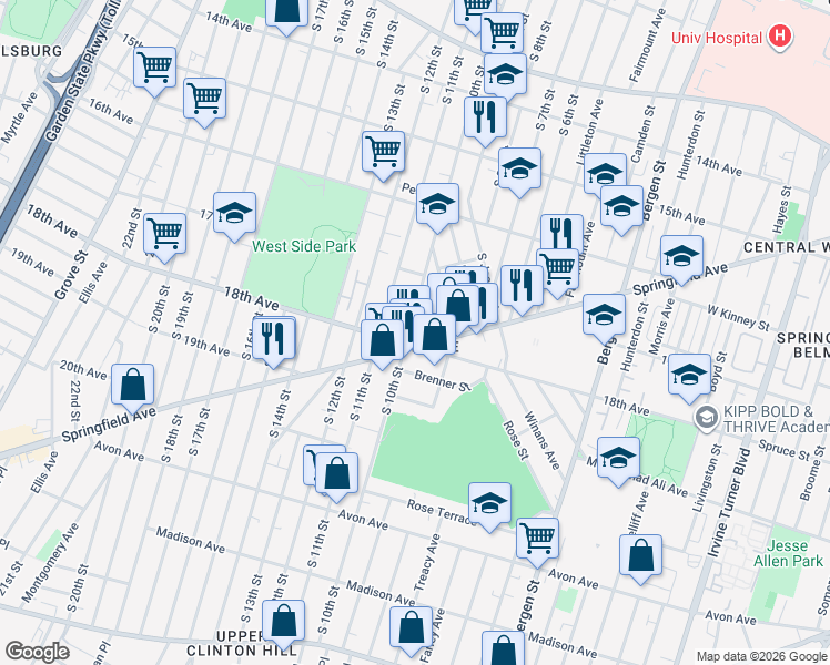 map of restaurants, bars, coffee shops, grocery stores, and more near 577 South 10th Street in Newark