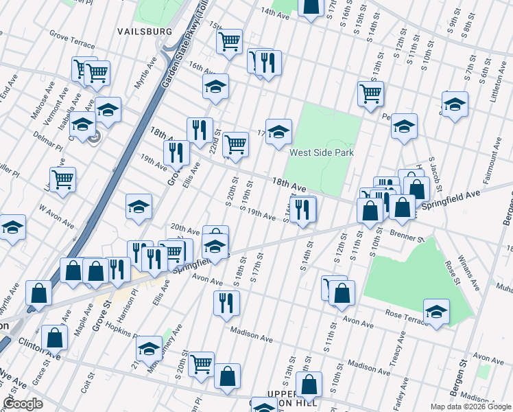 map of restaurants, bars, coffee shops, grocery stores, and more near 699 South 19th Street in Newark