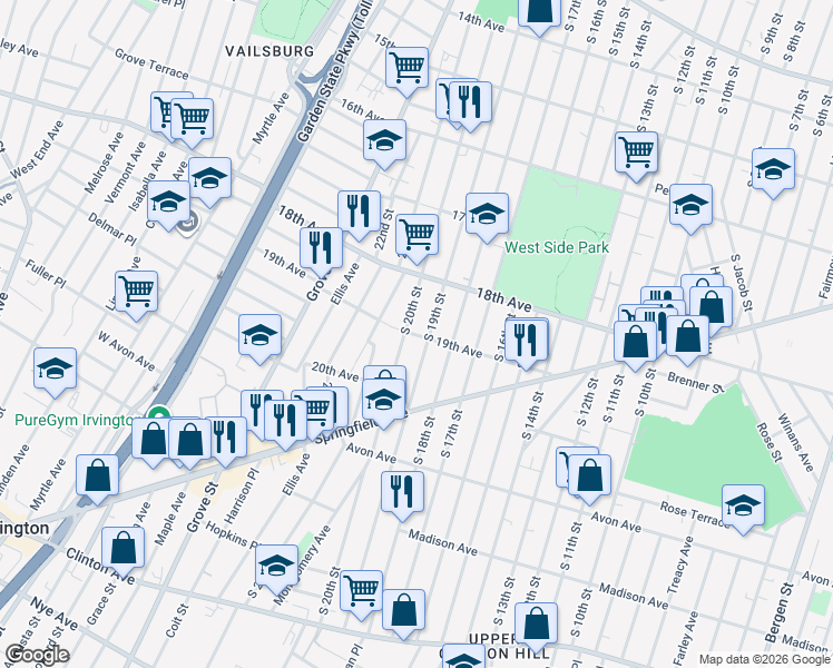map of restaurants, bars, coffee shops, grocery stores, and more near 699 South 19th Street in Newark