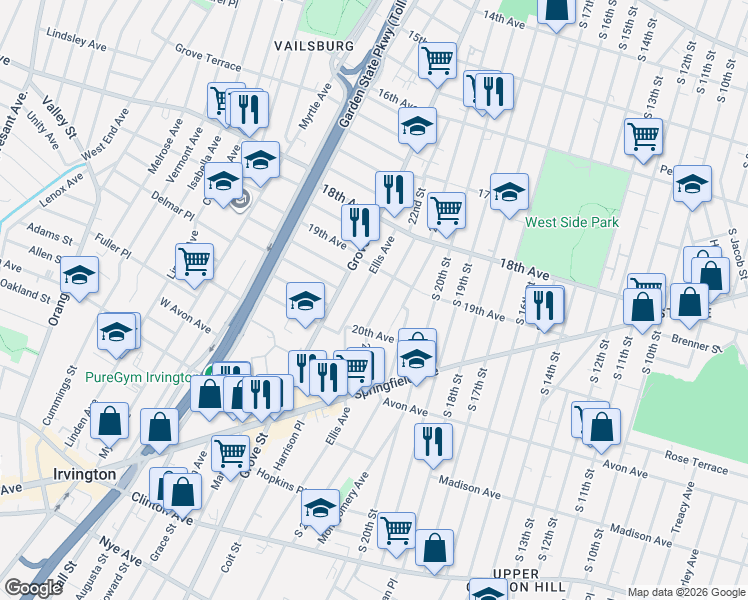 map of restaurants, bars, coffee shops, grocery stores, and more near 100 22nd Street in Irvington