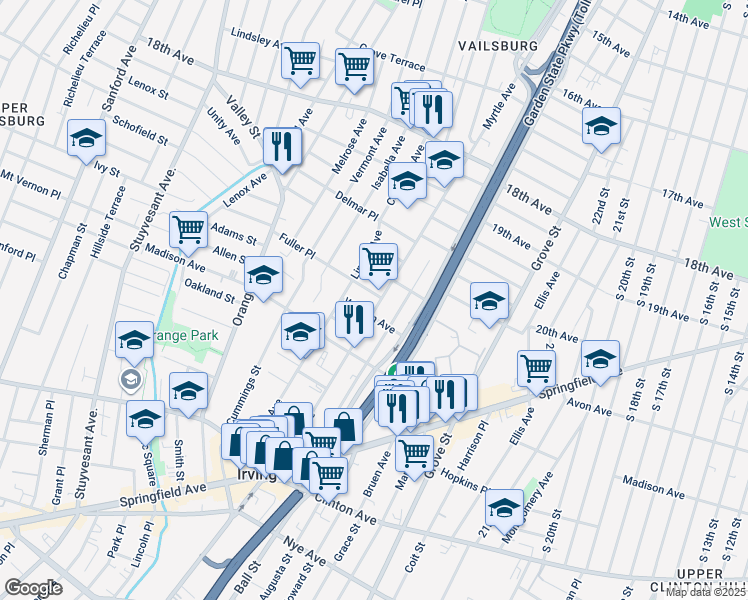 map of restaurants, bars, coffee shops, grocery stores, and more near 15 Fuller Place in Irvington