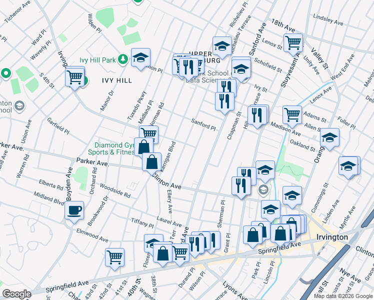 map of restaurants, bars, coffee shops, grocery stores, and more near 17 Putnam Street in Newark