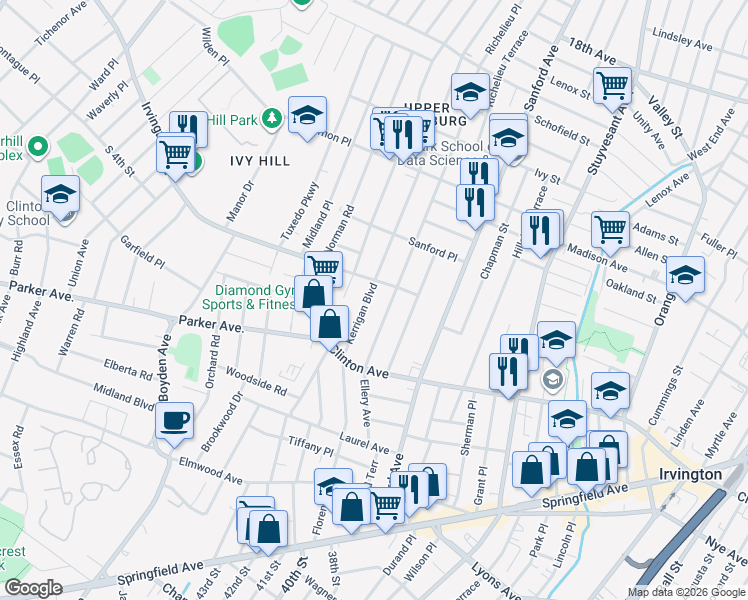 map of restaurants, bars, coffee shops, grocery stores, and more near 225 Kerrigan Boulevard in Newark