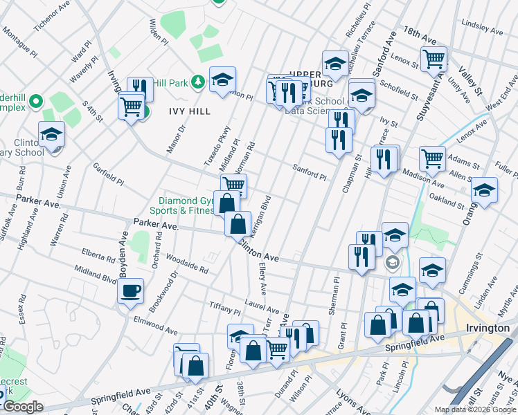 map of restaurants, bars, coffee shops, grocery stores, and more near 225 Kerrigan Boulevard in Newark