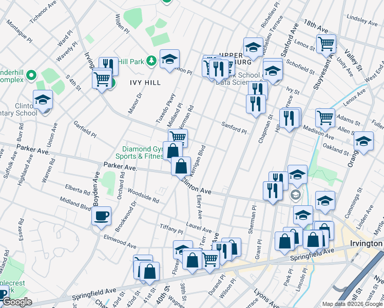 map of restaurants, bars, coffee shops, grocery stores, and more near 225 Kerrigan Boulevard in Newark