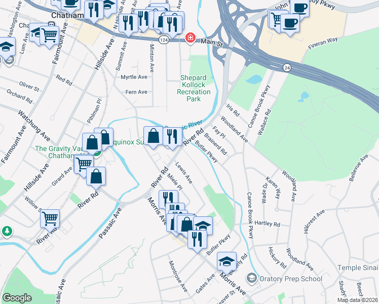 map of restaurants, bars, coffee shops, grocery stores, and more near 83 River Road in Summit