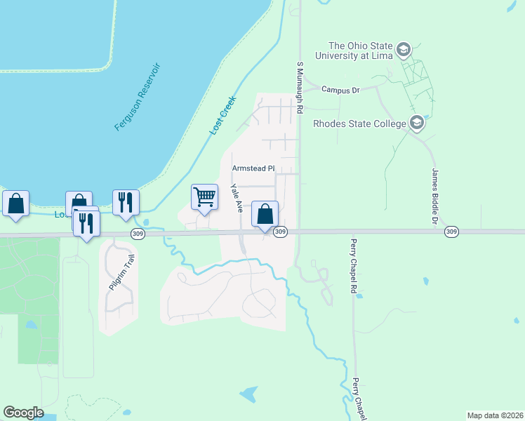 map of restaurants, bars, coffee shops, grocery stores, and more near 3751 Mount Vernon Place in Lima