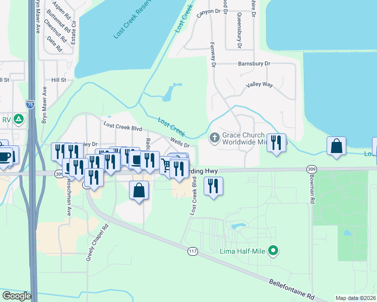 map of restaurants, bars, coffee shops, grocery stores, and more near 2801-2999 Wells Dr in Lima