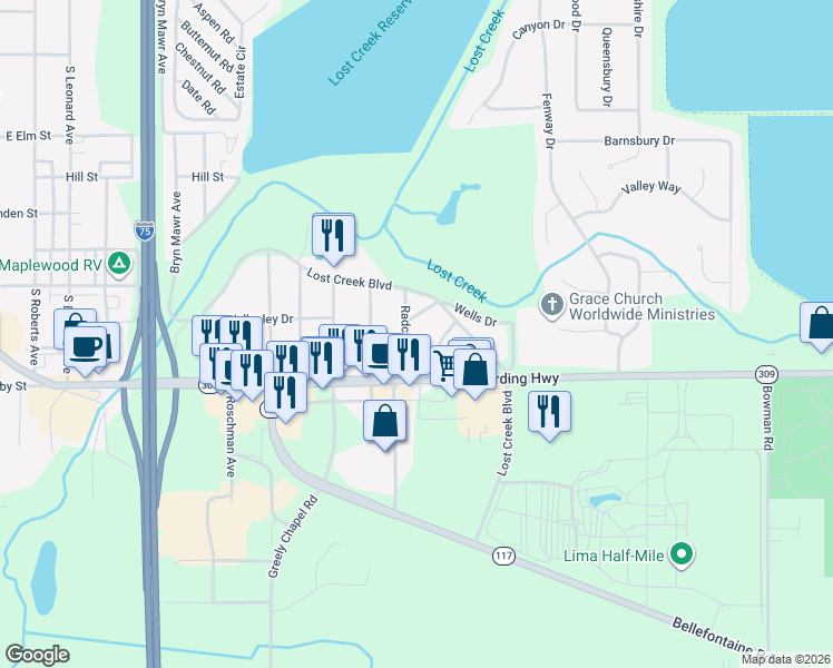 map of restaurants, bars, coffee shops, grocery stores, and more near 2706 Lost Creek Boulevard in Lima