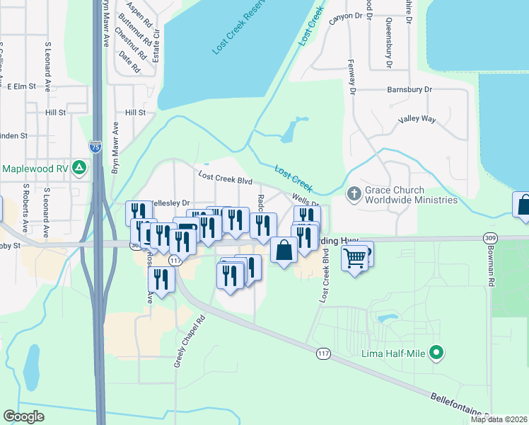 map of restaurants, bars, coffee shops, grocery stores, and more near 708 Radcliffe Street in Lima