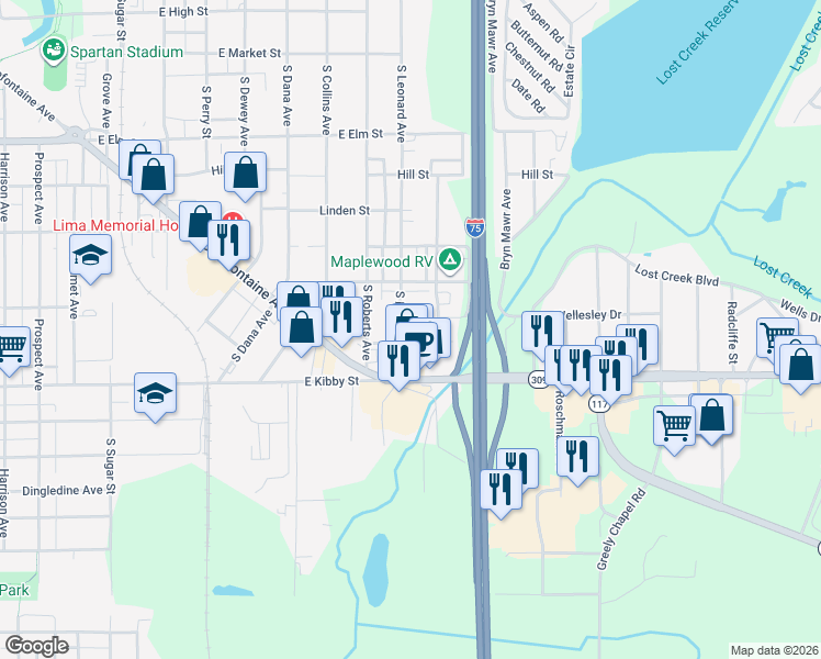 map of restaurants, bars, coffee shops, grocery stores, and more near 695 South Leonard Avenue in Lima