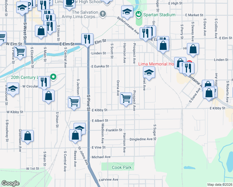 map of restaurants, bars, coffee shops, grocery stores, and more near 606 Harrison Ave in Lima