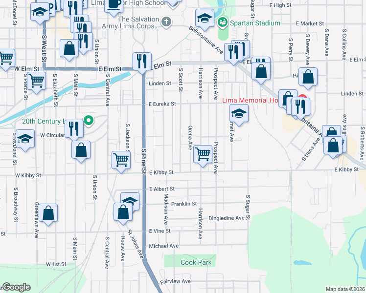 map of restaurants, bars, coffee shops, grocery stores, and more near 604 South Scott Street in Lima