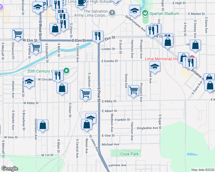 map of restaurants, bars, coffee shops, grocery stores, and more near 494-496 Mcpheron Avenue in Lima
