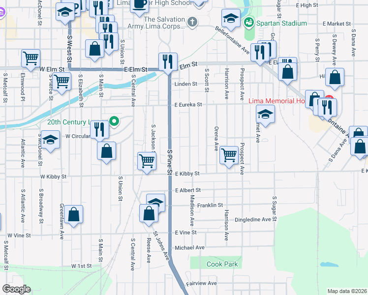 map of restaurants, bars, coffee shops, grocery stores, and more near 494-496 Mcpheron Avenue in Lima