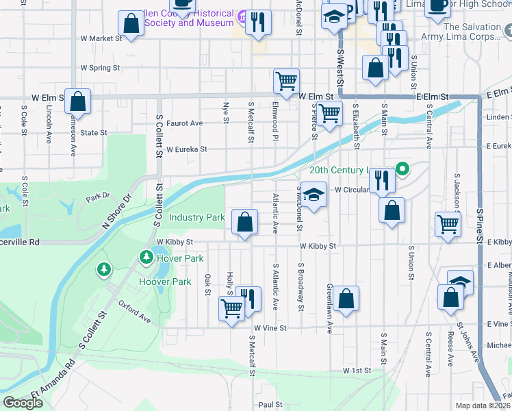 map of restaurants, bars, coffee shops, grocery stores, and more near 616 Ohio St in Lima