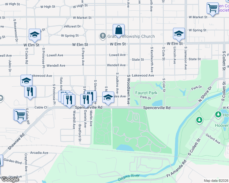 map of restaurants, bars, coffee shops, grocery stores, and more near 701 South Nixon Avenue in Lima