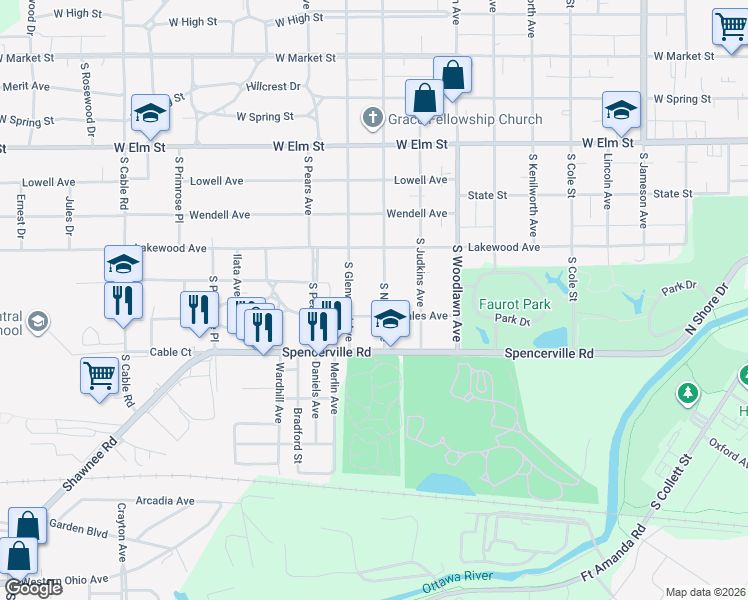 map of restaurants, bars, coffee shops, grocery stores, and more near 715 South Glenwood Avenue in Lima