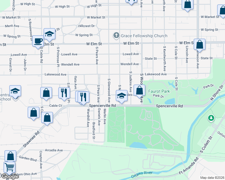 map of restaurants, bars, coffee shops, grocery stores, and more near 715 South Glenwood Avenue in Lima