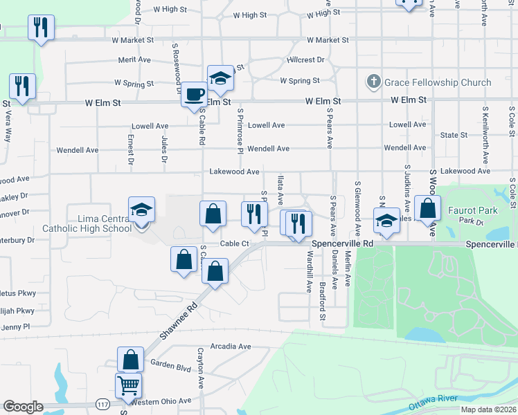 map of restaurants, bars, coffee shops, grocery stores, and more near 2407 Kunneke Avenue in Lima