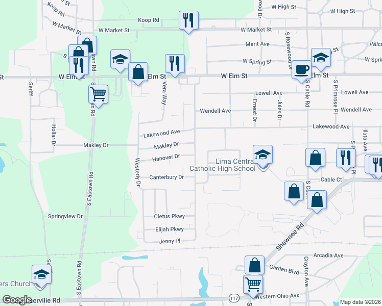 map of restaurants, bars, coffee shops, grocery stores, and more near 723 Gloria Avenue in Lima